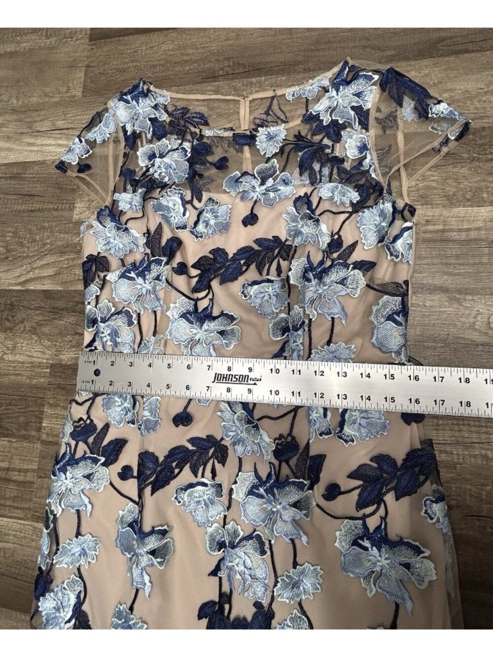 Adrianna Papell Midi Dress Size 12 Blue Floral Embroidered Cocktail Short Sleeve - Picture 5 of 16